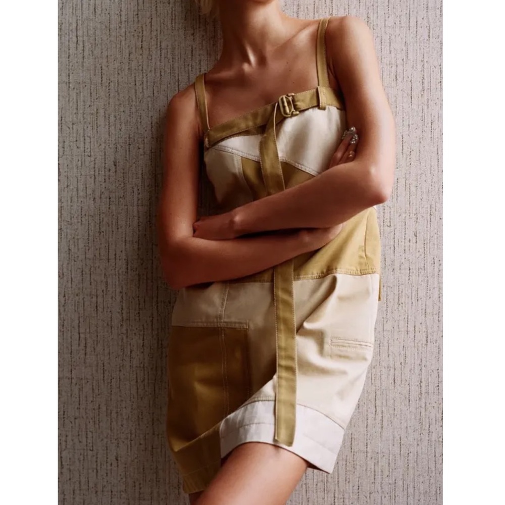 Zara Patchwork Mini Dress Green Cargo Utility Buckle Shift